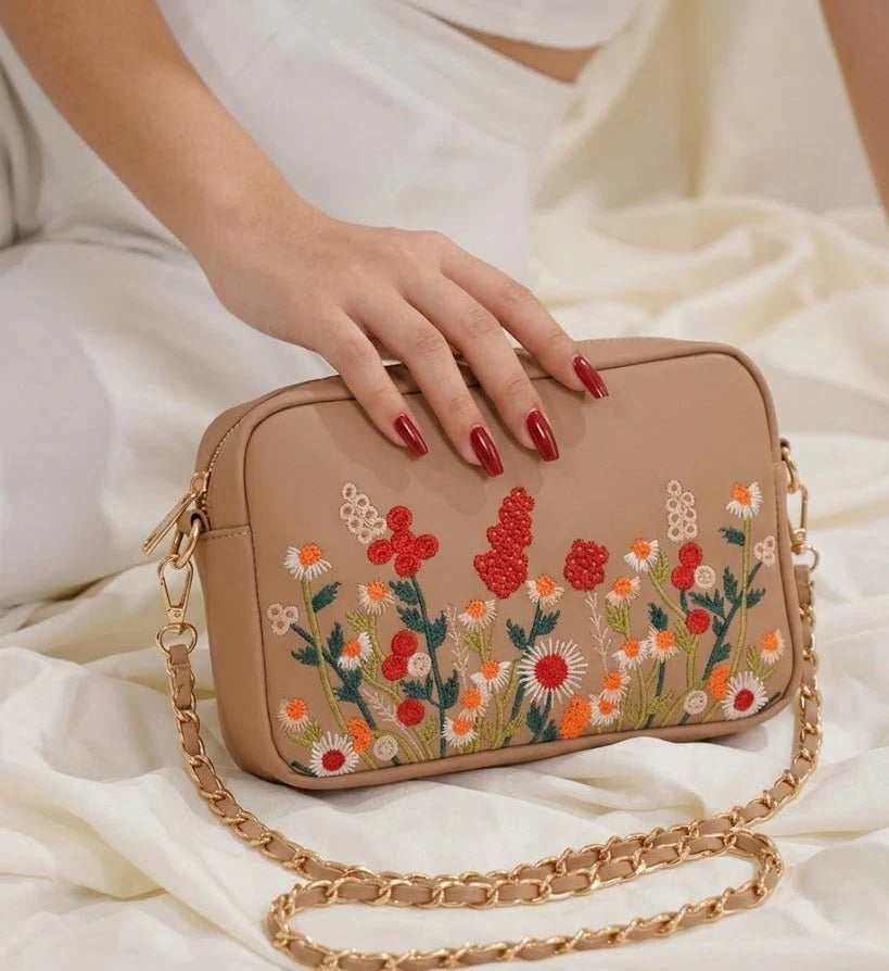 Floral Embroidered Chain Shoulder Bag for Women